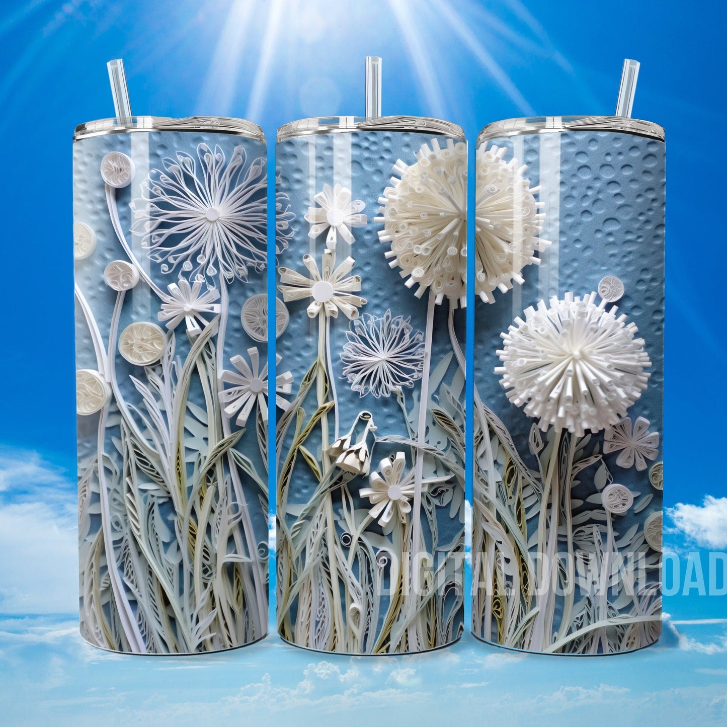 3D Flower Tumbler Wrap Sublimation, Dandelions White Florals Digital print design, Skinny 20 oz Tumbler, 300dpi PNG Commercial Use - Art World Around You