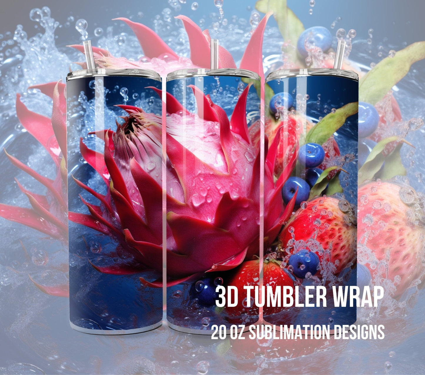 3D Fruit Tumbler Wrap Sublimation, Dragon fruit Beach Summer Digital Print Design, Skinny 20 oz Tumbler Wrap, PNG 300dpi Commercial Use - Art World Around You