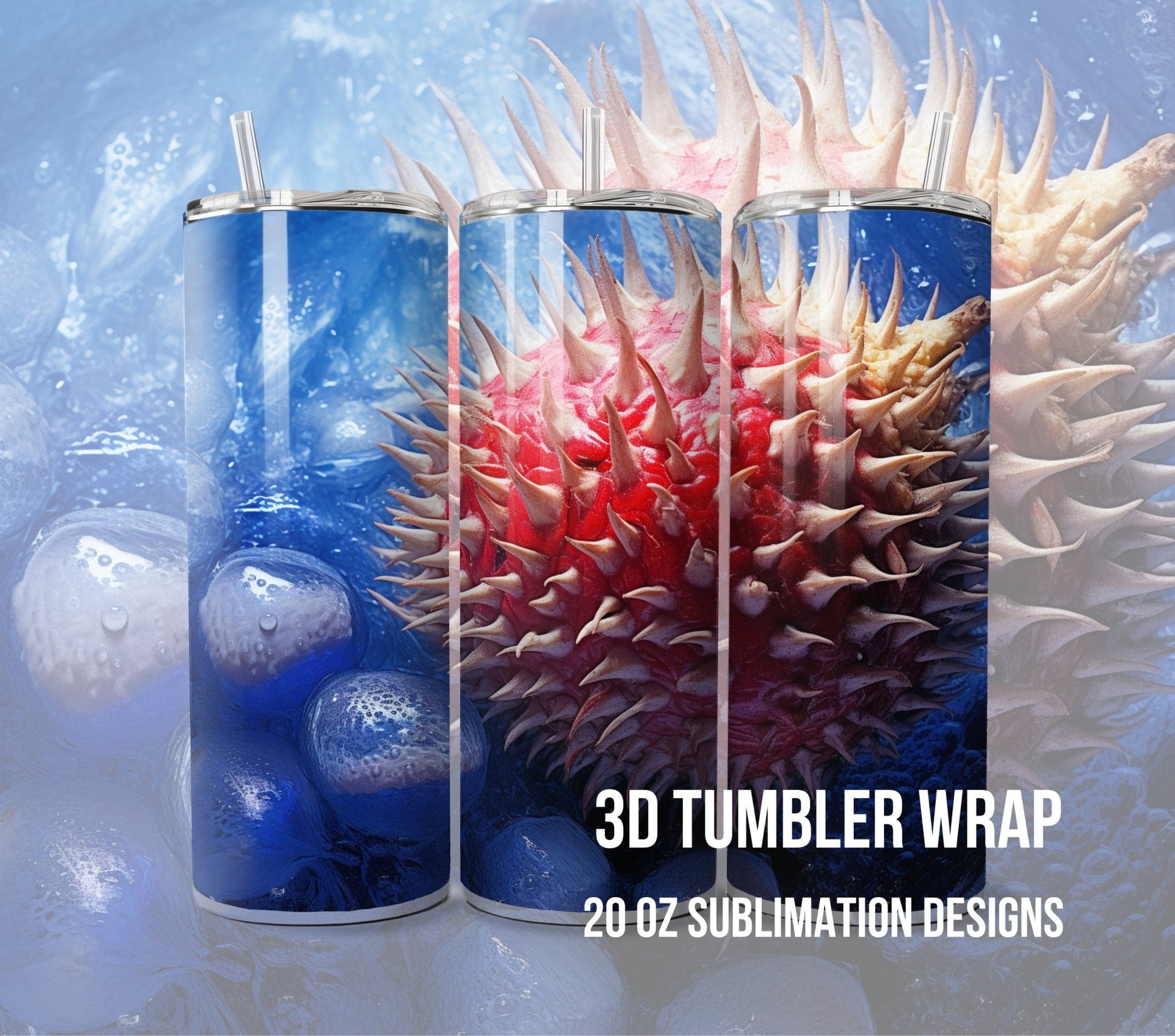 3D Fruit Tumbler Wrap Sublimation, Durian fruit Beach Summer Digital Print Design, Skinny 20 oz Tumbler Wrap, PNG 300dpi Commercial Use - Art World Around You