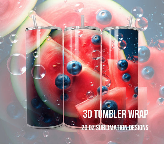 3D Fruit Tumbler Wrap Sublimation, Watermelon Beach Summer Digital Print Design, Skinny 20 oz Tumbler Wrap, PNG 300dpi Commercial Use - Art World Around You