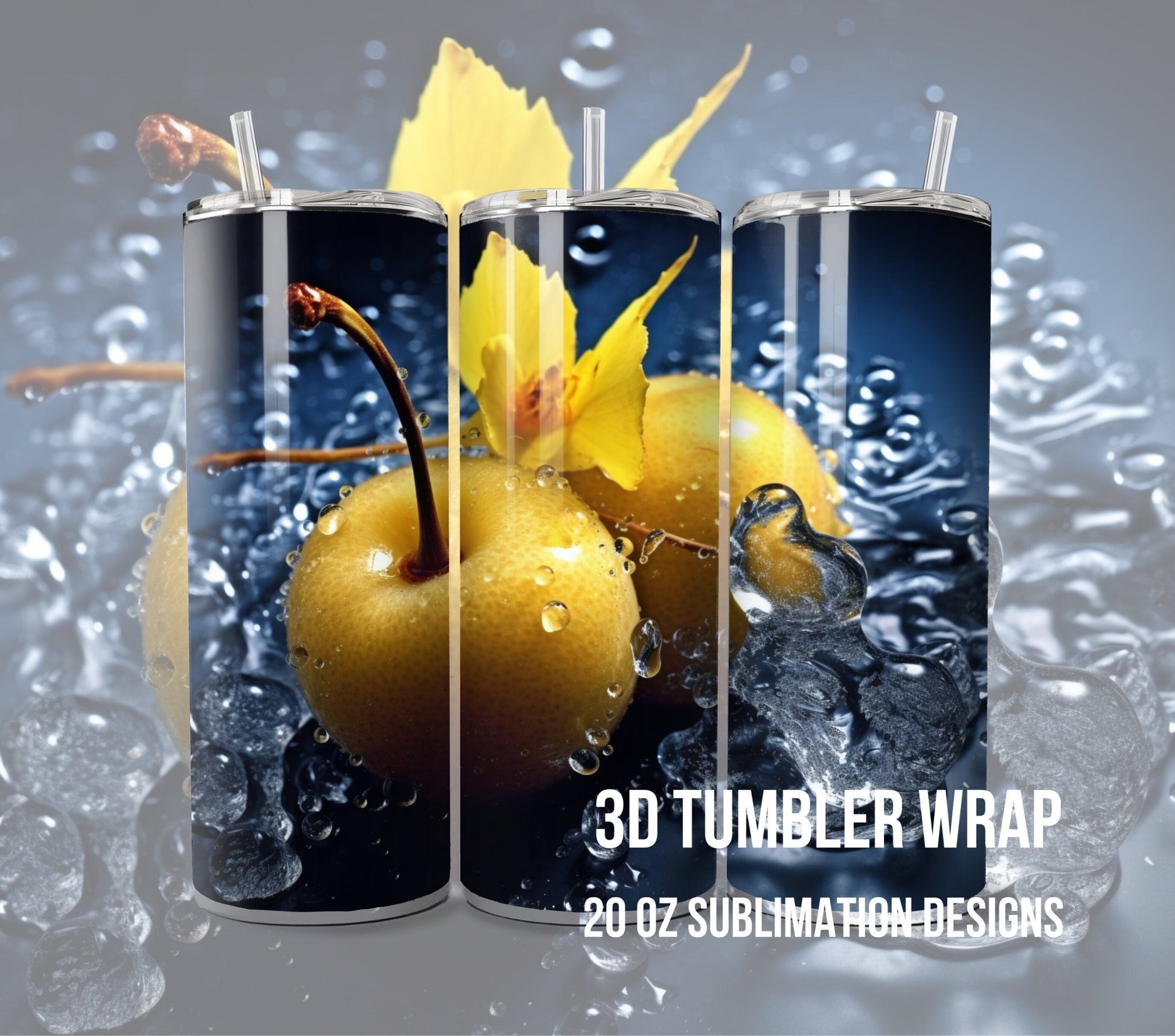 3D Fruit Tumbler Wrap Sublimation, Yellow Cherry Beach Summer Digital Print Design, Skinny 20 oz Tumbler Wrap, PNG 300dpi Commercial Use - Art World Around You