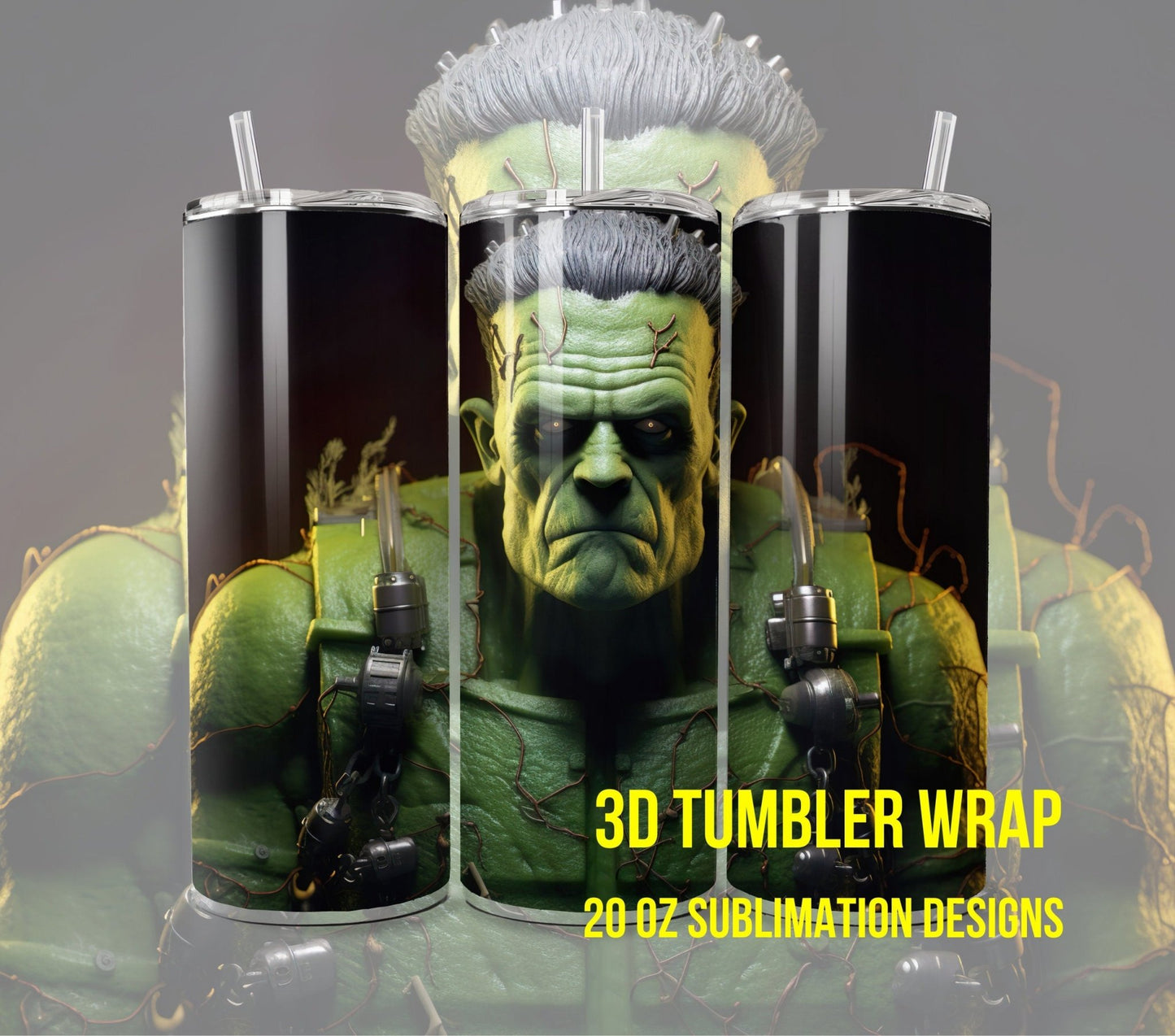 3D Halloween Frankenstein Tumbler Wrap Sublimation, Frankenstein Halloween Digital Print Design, Halloween Skinny 20 oz Tumbler Wrap - Art World Around You