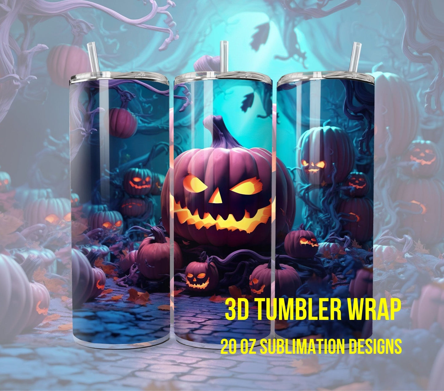 3D Halloween Pumpkin Tumbler Wrap Sublimation, Jack - O - Lantern Halloween Digital Print Design, Halloween Skinny 20 oz Tumbler Wrap - Art World Around You