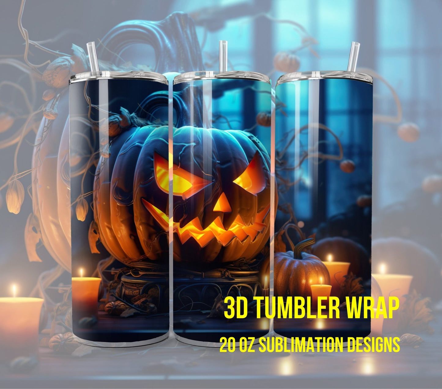 3D Halloween Pumpkin Tumbler Wrap Sublimation, Jack - O - Lantern Halloween Digital Print Design, Halloween Skinny 20 oz Tumbler Wrap - Art World Around You