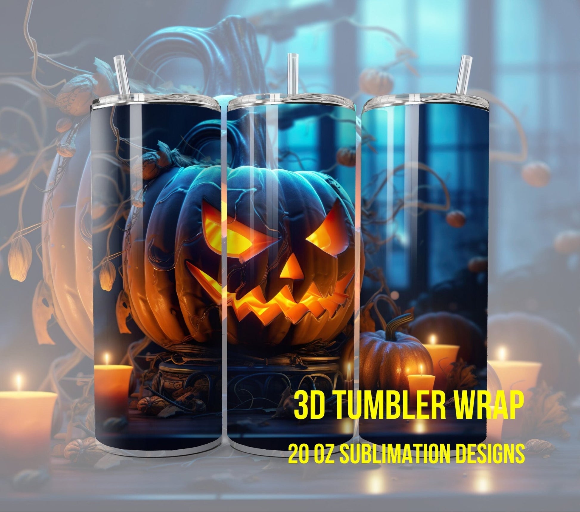 3D Halloween Pumpkin Tumbler Wrap Sublimation, Jack - O - Lantern Halloween Digital Print Design, Halloween Skinny 20 oz Tumbler Wrap - Art World Around You