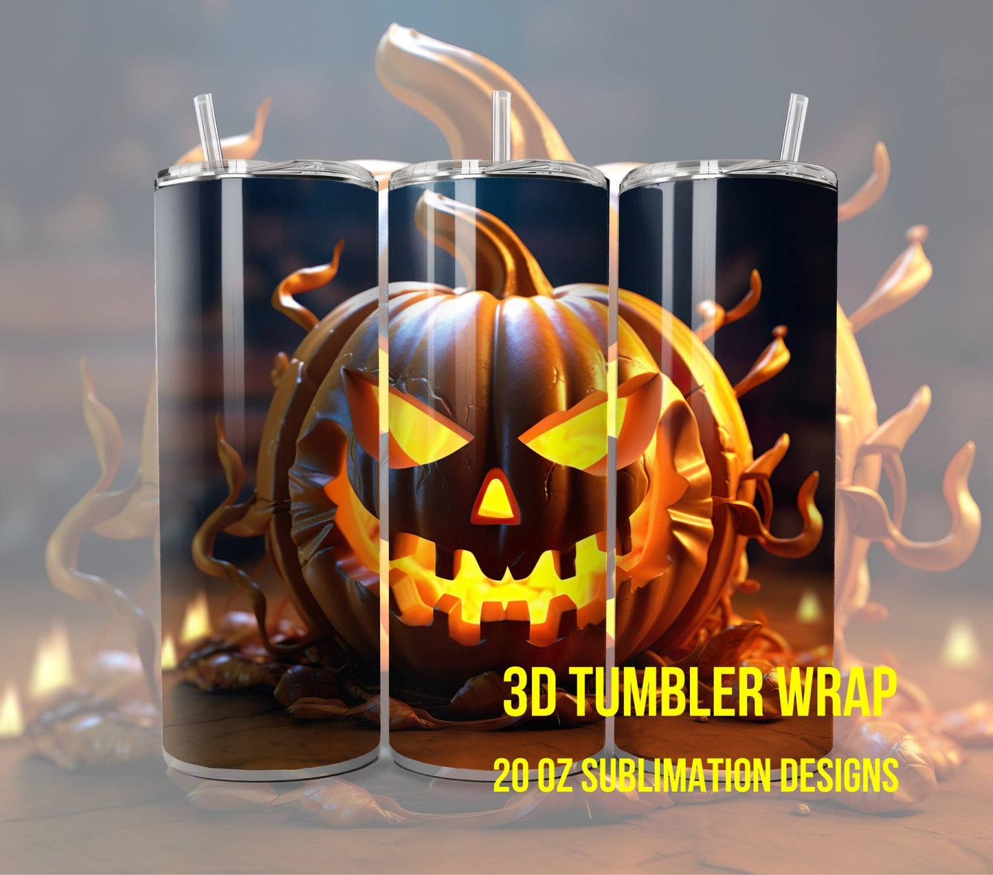 3D Halloween Pumpkin Tumbler Wrap Sublimation, Jack - O - Lantern Halloween Digital Print Design, Halloween Skinny 20 oz Tumbler Wrap - Art World Around You