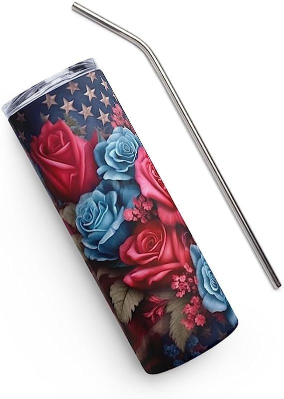 3D Memorial Day Tumbler Wrap Sublimation American Flag Florals, 3D Flower tumbler wrap, Patriotic 20 oz Tumbler, 300dpi Commercial Use - Art World Around You