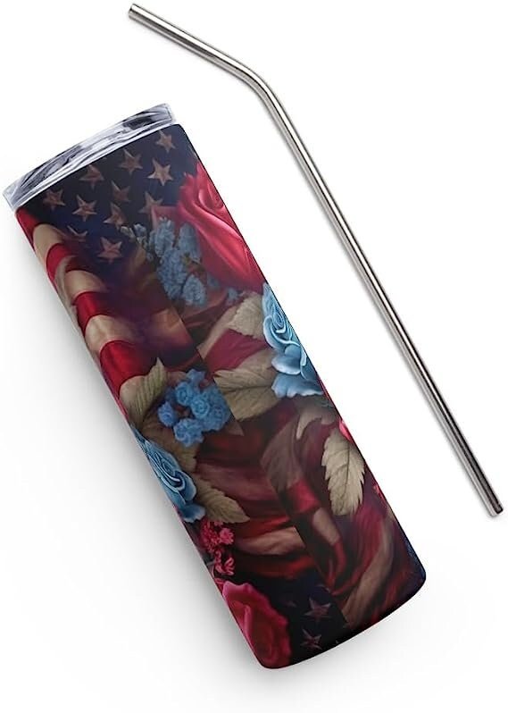 3D Memorial Day Tumbler Wrap Sublimation American Flag Florals, 3D Flower tumbler wrap, Patriotic 20 oz Tumbler, 300dpi Commercial Use - Art World Around You