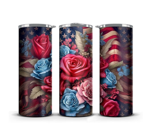 3D Memorial Day Tumbler Wrap Sublimation American Flag Florals, 3D Flower tumbler wrap, Patriotic 20 oz Tumbler, 300dpi Commercial Use - Art World Around You