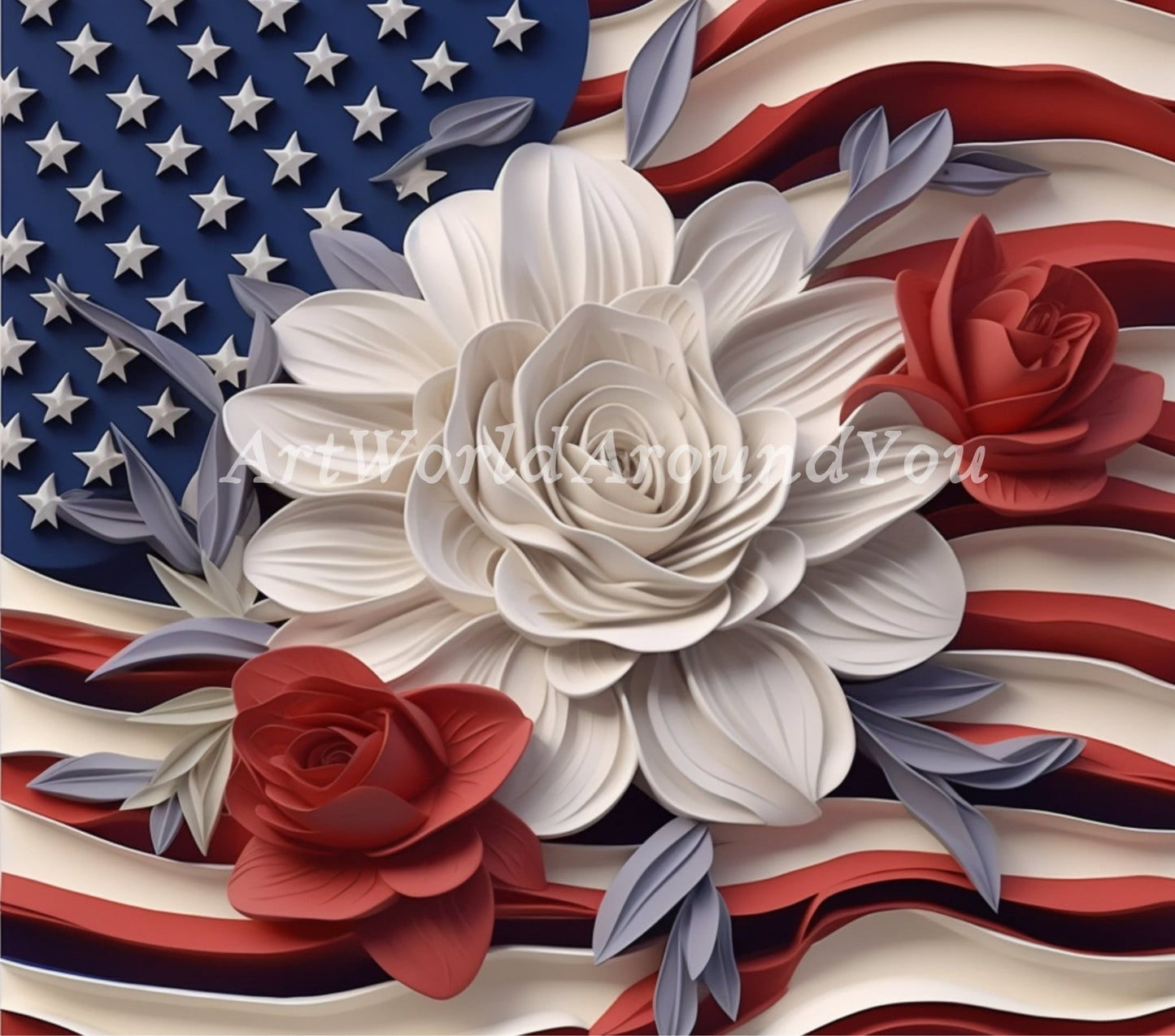 3D Memorial Day Tumbler Wrap Sublimation American Flag Flower, 3D Flower tumbler wrap, Patriotic 20 oz Tumbler, 300dpi Commercial Use - Art World Around You