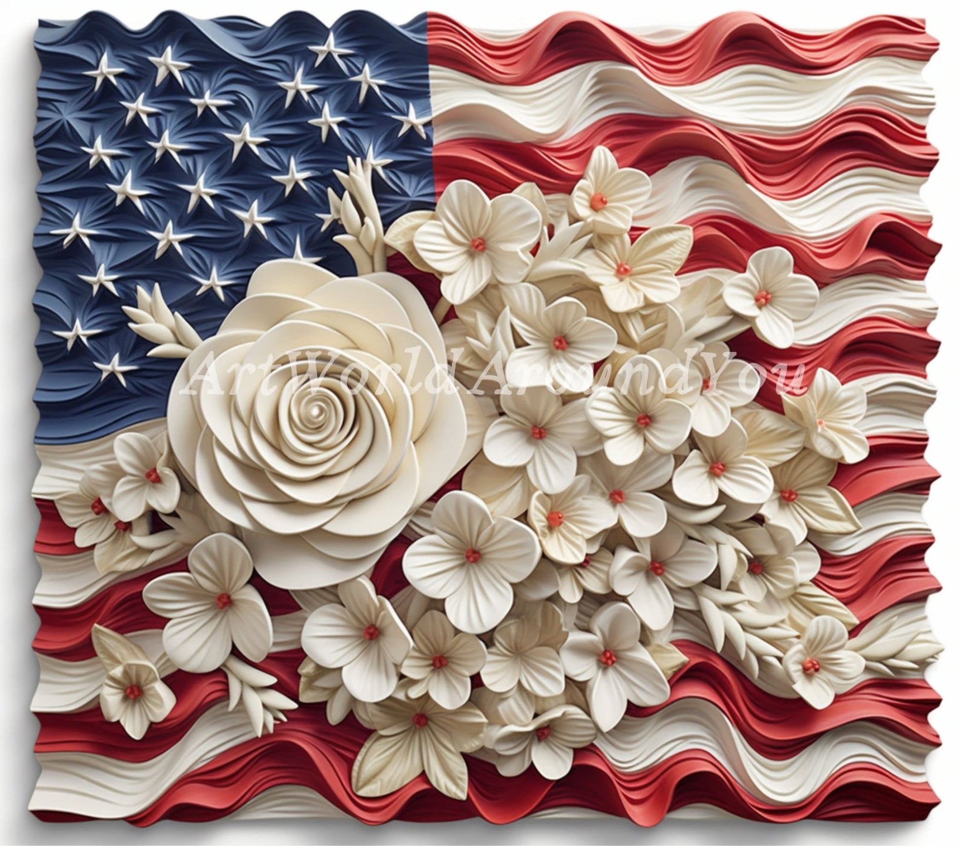 3D Quilling Memorial Day Tumbler Wrap Sublimation American Flag Florals, 3D Flower tumbler wrap, Patriotic 4th of July, 20 oz Tumbler wrap - Art World Around You