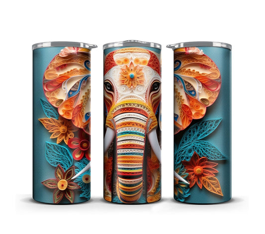 3D Quilling Tumbler Wrap Sublimation, Indian Elephant, Animal Digital print design, Straight Skinny 20 oz Tumbler, Commercial Use - Art World Around You