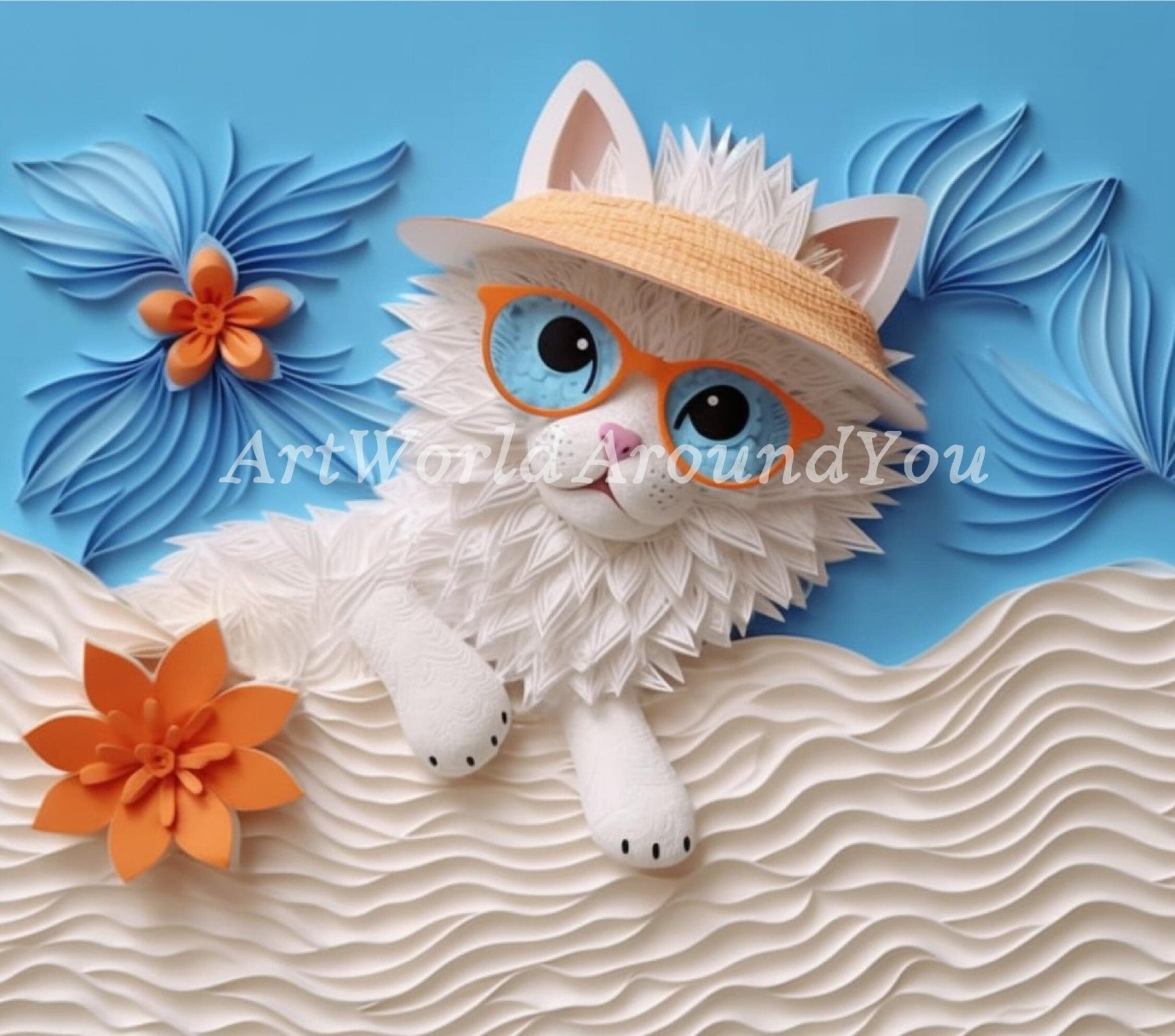 3D Quilling Tumbler Wrap Sublimation, White Cat, Pets Digital print design, Straight Skinny 20 oz Tumbler, Commercial Use - Art World Around You