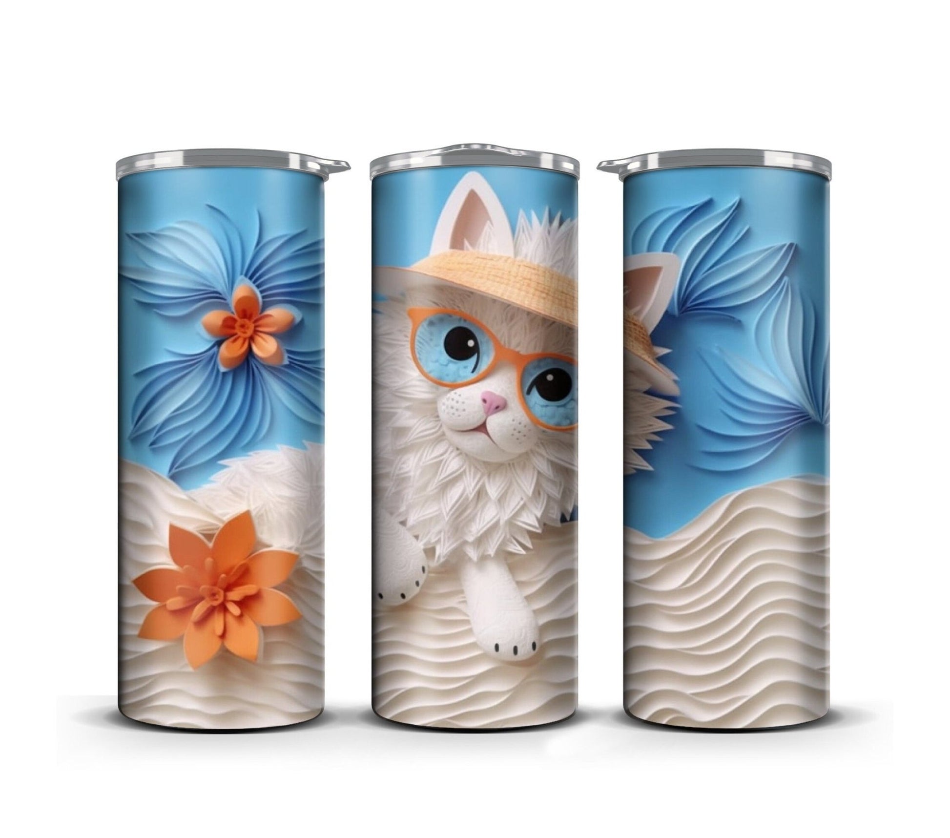 3D Quilling Tumbler Wrap Sublimation, White Cat, Pets Digital print design, Straight Skinny 20 oz Tumbler, Commercial Use - Art World Around You