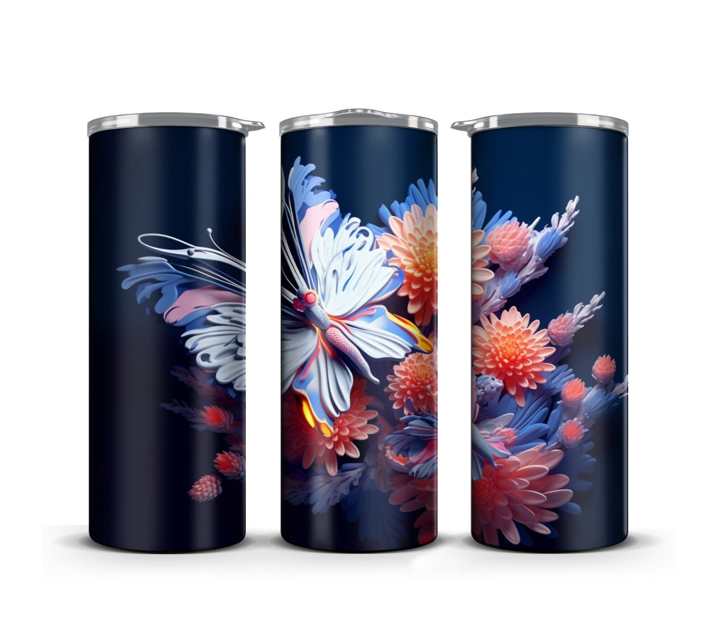 3D Tumbler Wrap Sublimation Vibrant Butterflies, Flowers digital print design, Skinny 20 oz Tumbler Wrap, Digital File PNG, Commercial Use - Art World Around You