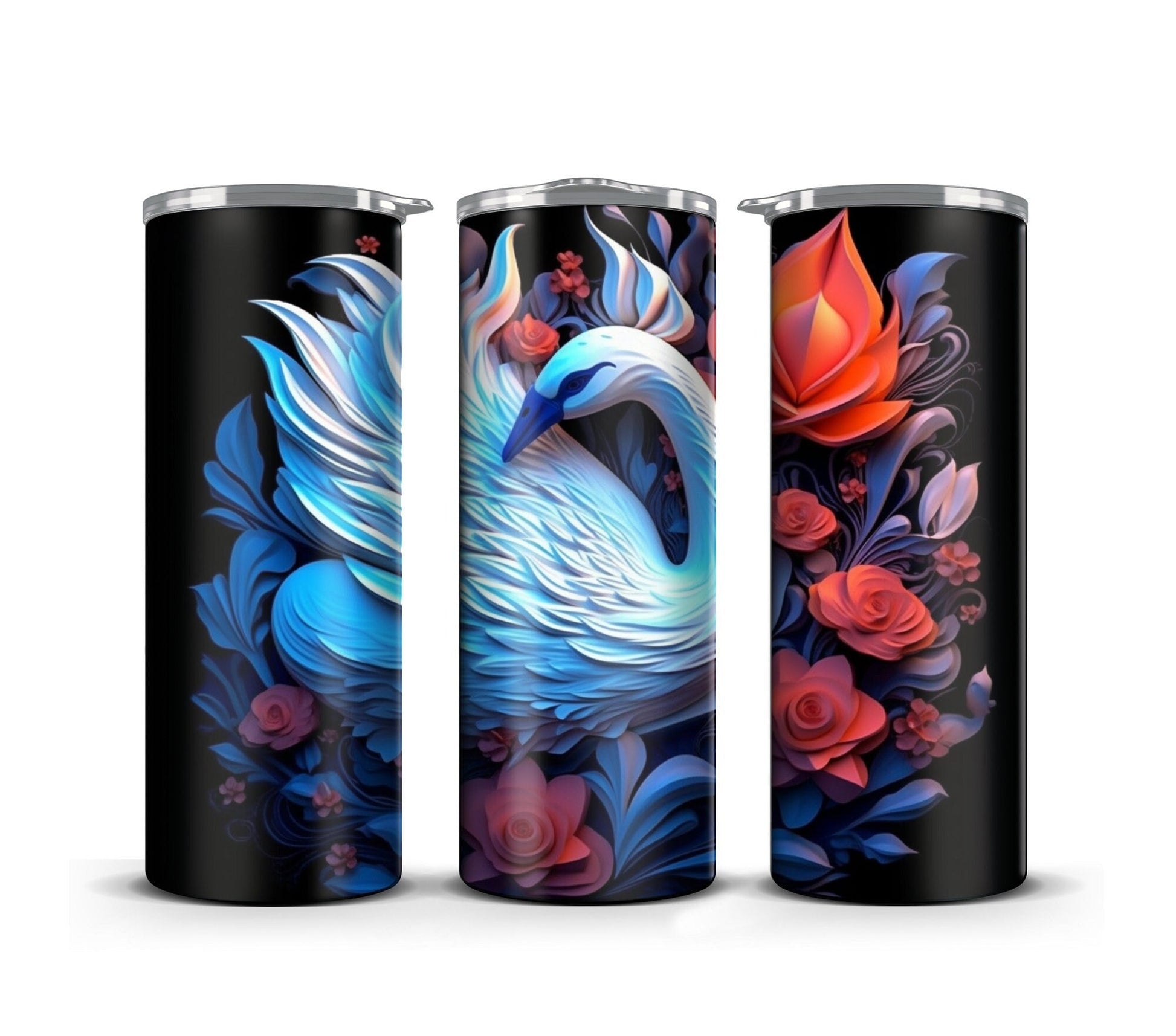 3D Tumbler Wrap Sublimation Vibrant Floral White Swan, Flowers digital print design, Skinny 20 oz Tumbler Wrap, Commercial Use - Art World Around You