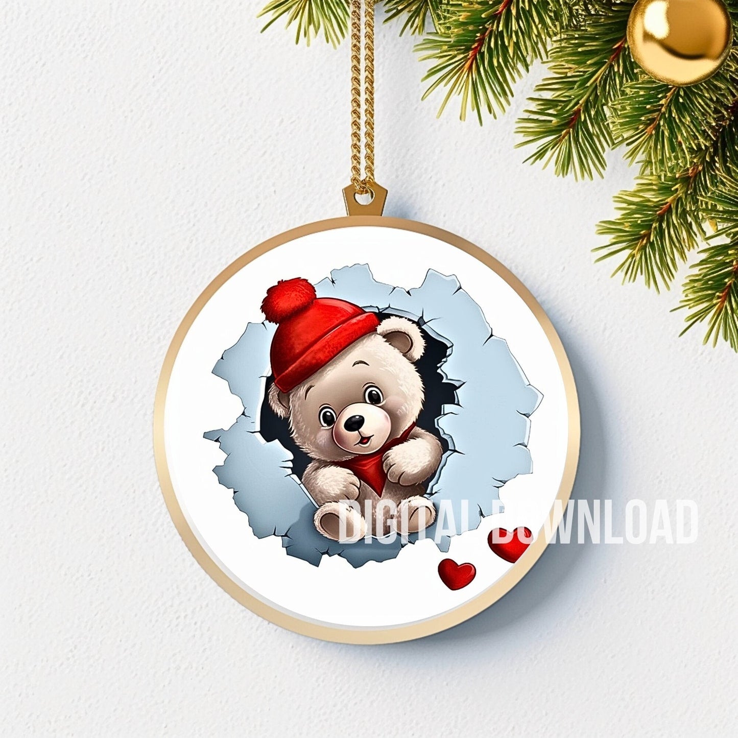 Bear Love Heart Christmas Ornament Sublimation PNG, Instant Digital Download, Christmas Round Ornament PNG - Art World Around You