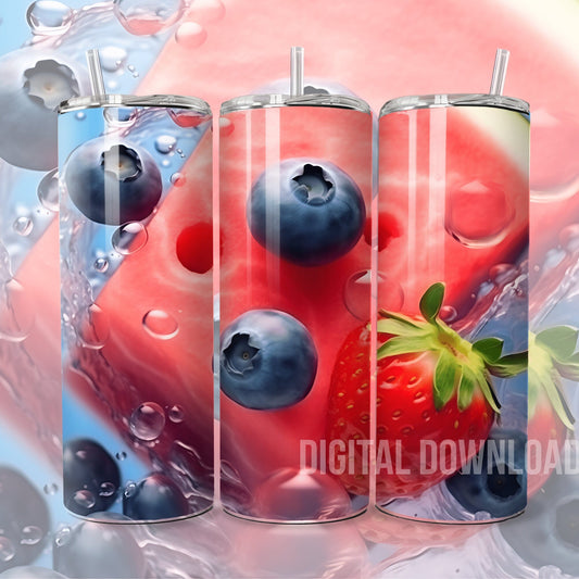 Berry Watermelon 3D Tumbler Wrap Sublimation Digital Print Design Skinny 20 oz PNG - Art World Around You