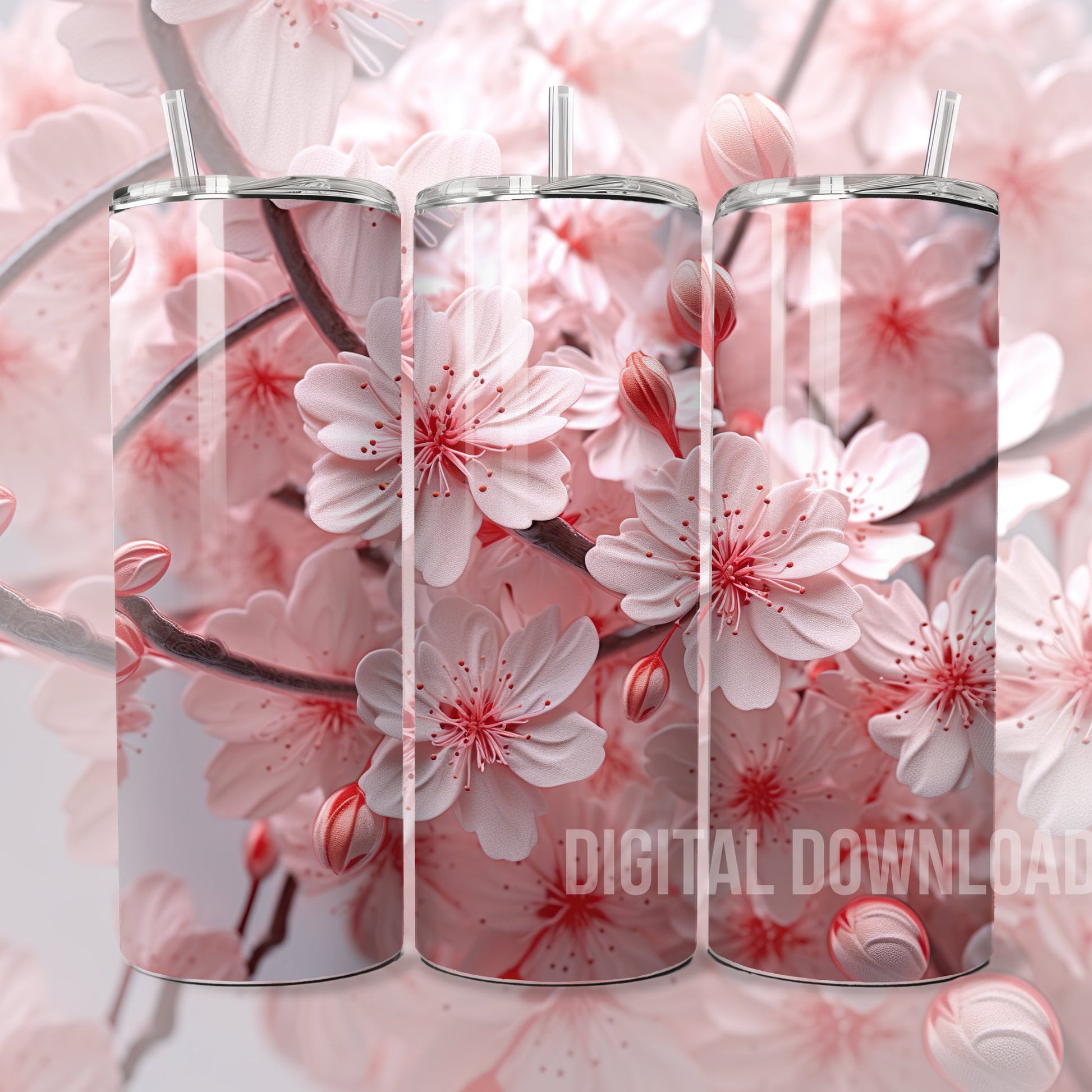 Cherry Blossom Tumbler Wrap White Florals Digital print design Skinny 20oz PNG - Art World Around You