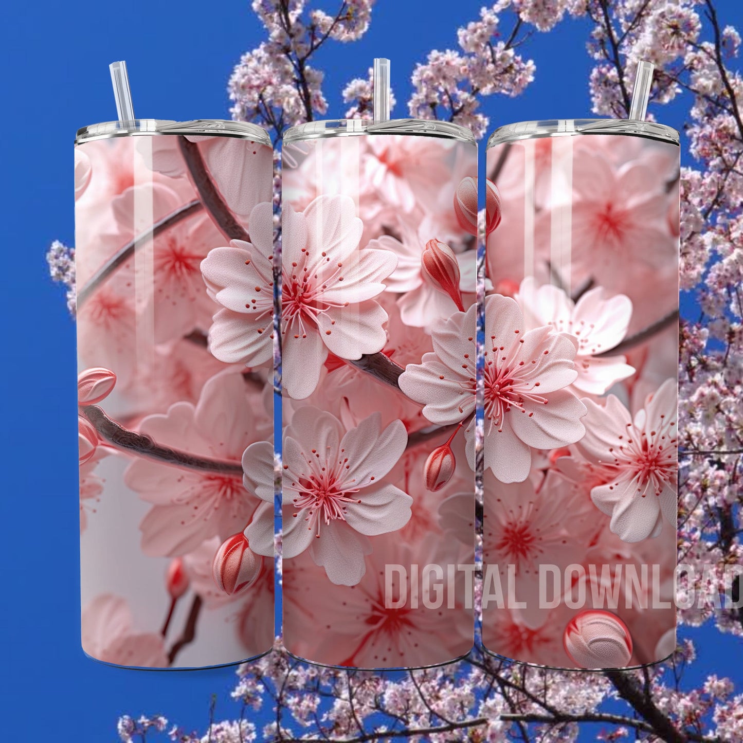 Cherry Blossom Tumbler Wrap White Florals Digital print design Skinny 20oz PNG - Art World Around You