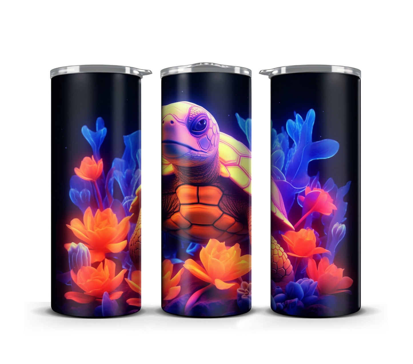 3D Tumbler Wrap Sublimation Vibrant Turtle, Flowers digital print design, Skinny 20 oz Tumbler Wrap, Digital File PNG, Commercial Use