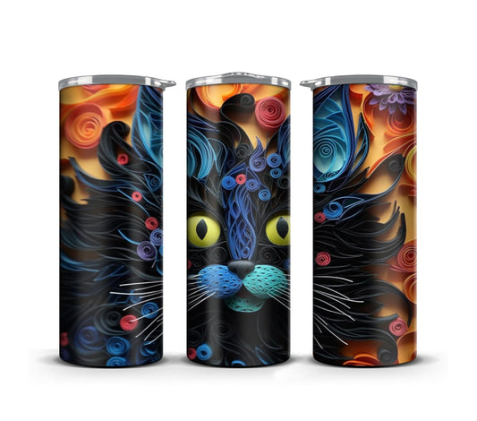 3D Quilling Tumbler Wrap Sublimation, Black Cat, Pets Digital print design, Straight Skinny 20 oz Tumbler, Commercial Use