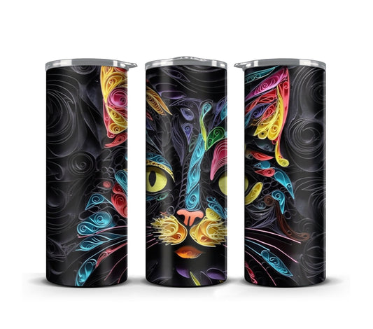 3D Quilling Tumbler Wrap Sublimation, Black Cat, Pets Digital print design, Straight Skinny 20 oz Tumbler, Commercial Use