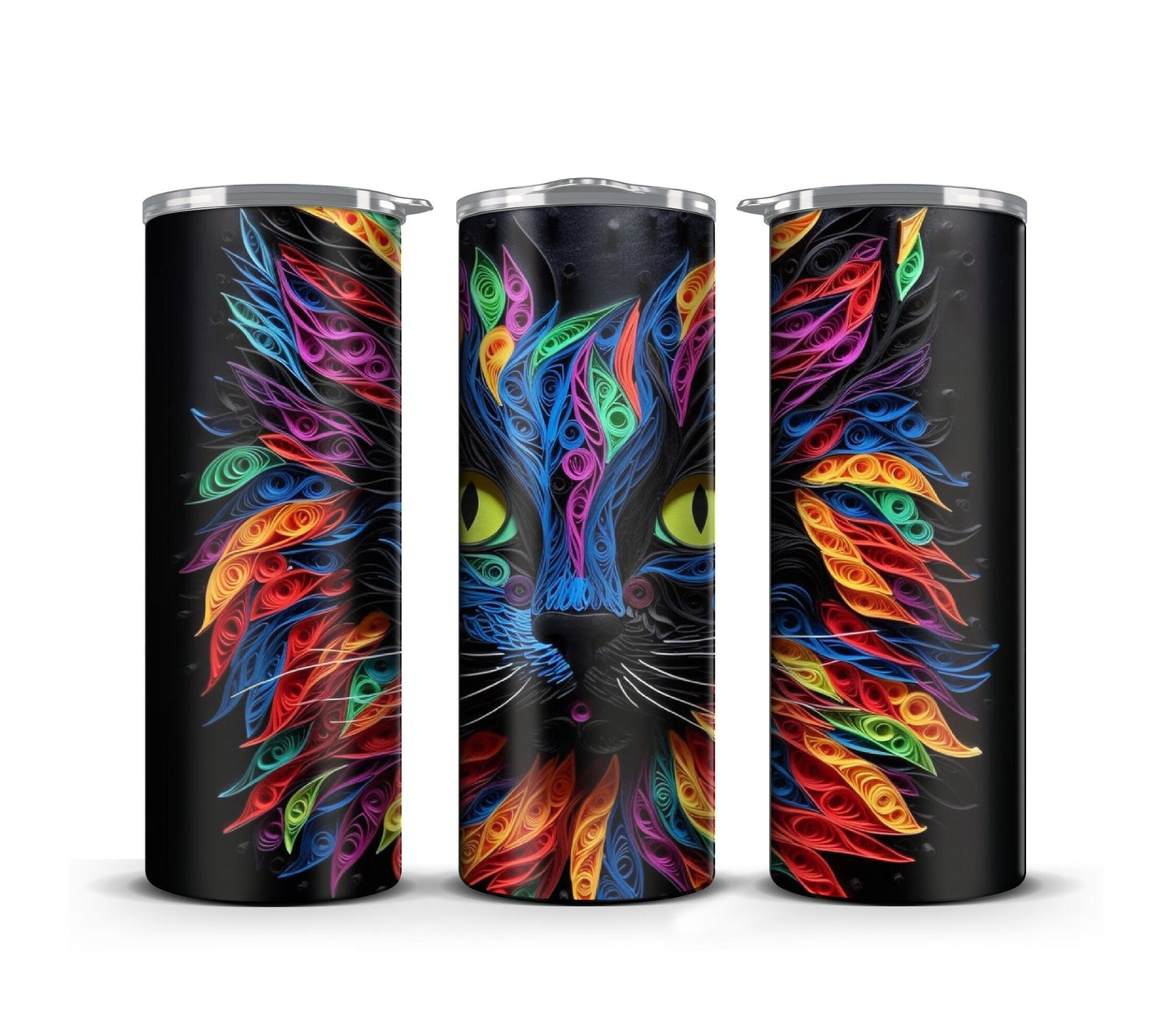 3D Quilling Tumbler Wrap Sublimation, Black Cat, Pets Digital print design, Straight Skinny 20 oz Tumbler, Commercial Use