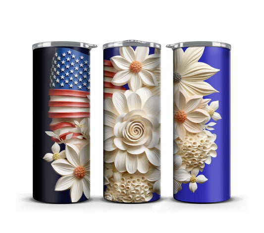 3D Quilling Tumbler Wrap Sublimation, White Flowers American Flag, Patriotic 4th of July, Skinny 20 oz Tumbler, Commercial Use