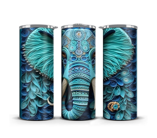 3D Quilling Tumbler Wrap Sublimation, Blue Elephant, Animal Digital print design, Straight Skinny 20 oz Tumbler, Commercial Use