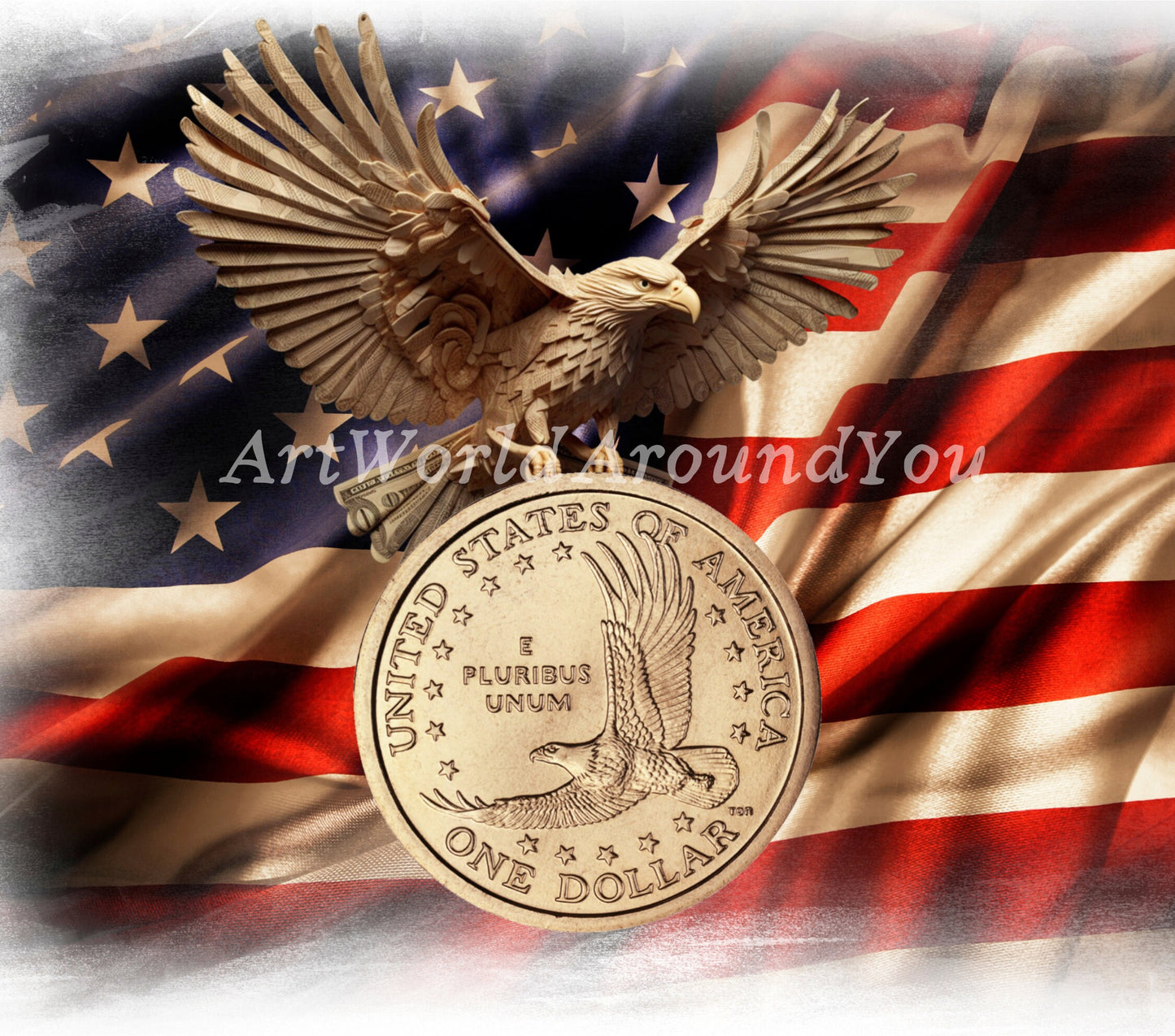 3D Tumbler Wrap Sublimation, 3D One Dollar Eagle Flag USA, Amulet of Financial Success and Prosperity Digital design, Commercial Use