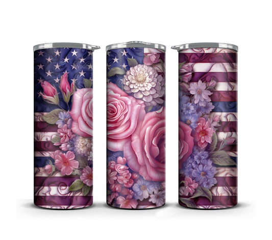 3D Memorial Day Tumbler Wrap Sublimation American Flag Florals, 3D Pink Flower tumbler wrap, Patriotic 20 oz Tumbler, 300dpi Commercial Use