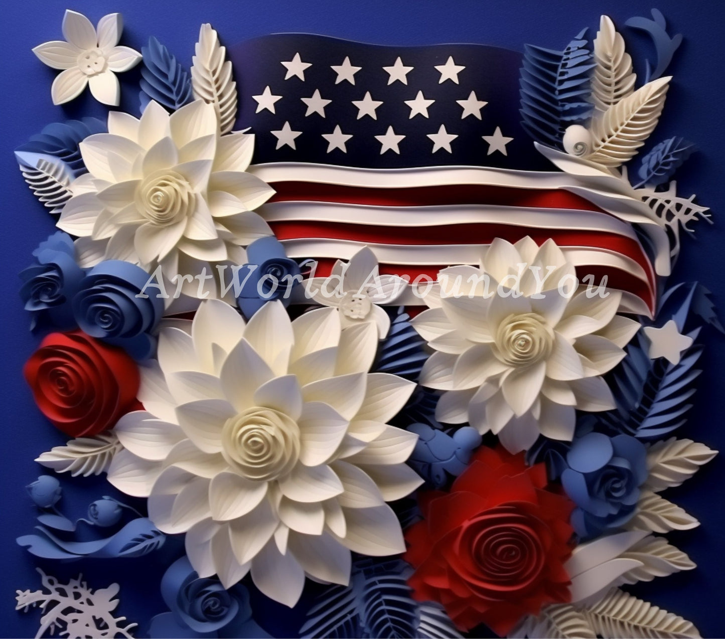 3D Quilling Memorial Day Tumbler Wrap Sublimation American Flag Florals, 3D Flower tumbler wrap, Patriotic 4th of July, 20 oz Tumbler wrap