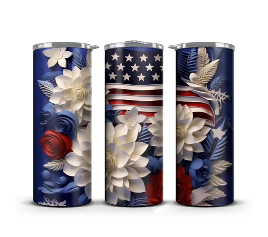 3D Quilling Memorial Day Tumbler Wrap Sublimation American Flag Florals, 3D Flower tumbler wrap, Patriotic 4th of July, 20 oz Tumbler wrap