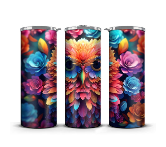 3D Tumbler Wrap Sublimation Vibrant Owl, Flowers digital print design, Skinny 20 oz Tumbler Wrap, Digital File PNG, Commercial Use