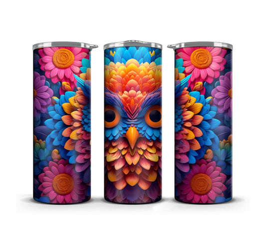 3D Tumbler Wrap Sublimation Vibrant Owl, Flowers digital print design, Skinny 20 oz Tumbler Wrap, Digital File PNG, Commercial Use