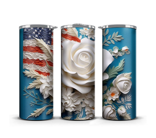 3D Memorial Day Tumbler Wrap Sublimation American Flag Flower, 3D Flower tumbler wrap, Patriotic 20 oz Tumbler, 300dpi Commercial Use