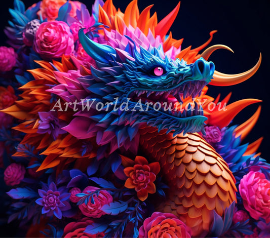 3D Tumbler Wrap Sublimation Vibrant Dragon, Flowers digital print design, Skinny 20 oz Tumbler Wrap, Digital File PNG, Commercial Use