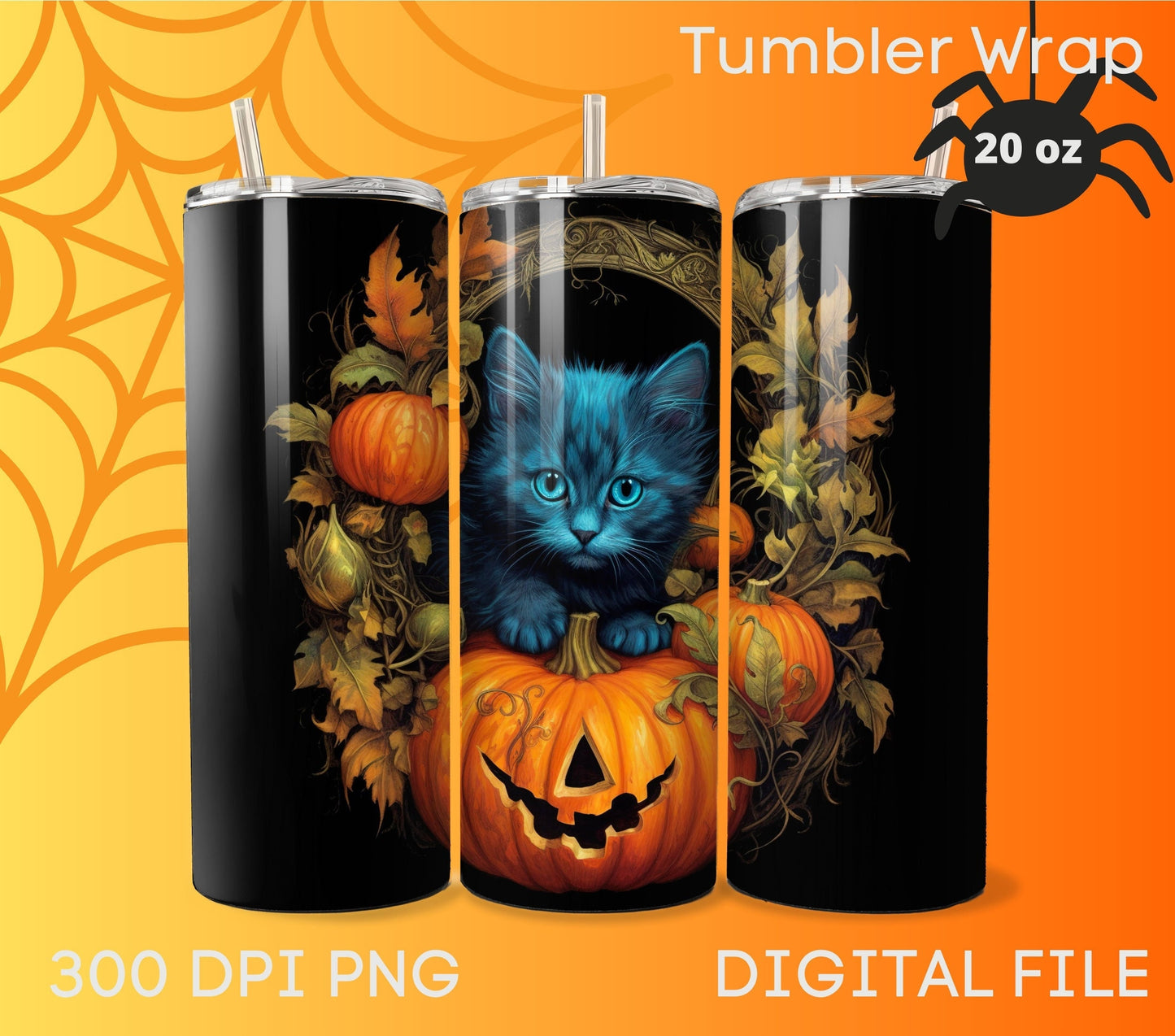 Halloween Pumpkin Tumbler Wrap Sublimation, Black Cat Digital Print Design, Skinny 20 oz Tumbler, 300 DPI PNG Commercial Use