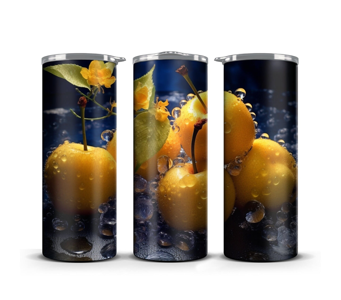 3D Fruit Tumbler Wrap Sublimation, Yellow Cherry Beach Summer Digital Print Design, Skinny 20 oz Tumbler Wrap, PNG 300dpi Commercial Use