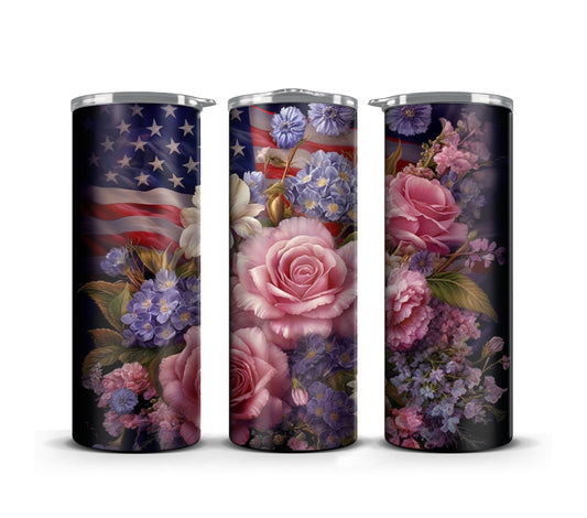 3D Memorial Day Tumbler Wrap Sublimation American Flag Florals, 3D Pink Flower tumbler wrap, Patriotic 20 oz Tumbler, 300dpi Commercial Use