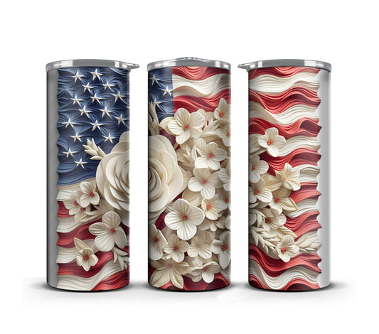 3D Quilling Memorial Day Tumbler Wrap Sublimation American Flag Florals, 3D Flower tumbler wrap, Patriotic 4th of July, 20 oz Tumbler wrap