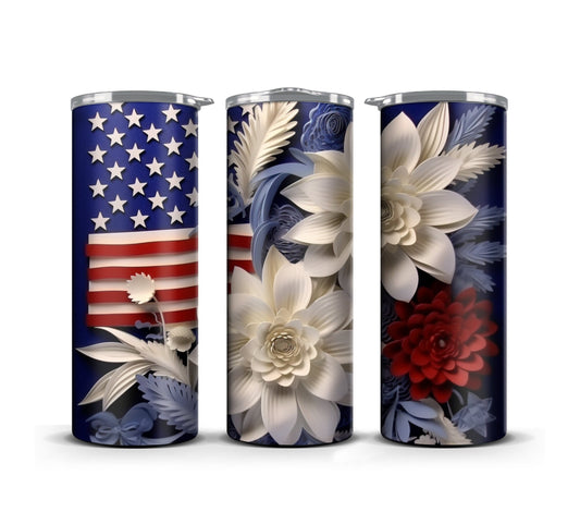 3D Quilling Memorial Day Tumbler Wrap Sublimation American Flag Florals, 3D Flower tumbler wrap, Patriotic 4th of July, 20 oz Tumbler wrap