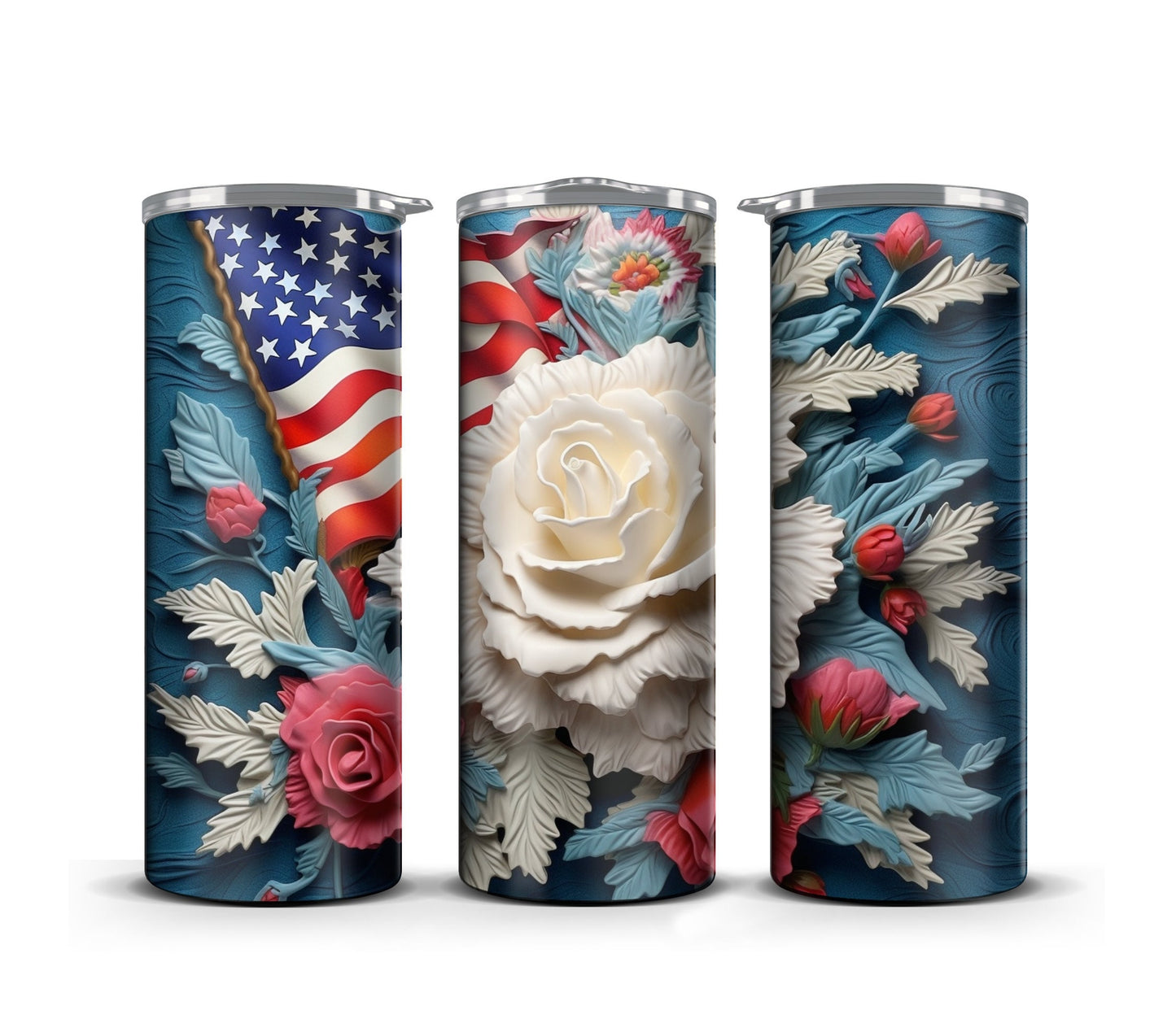 3D Memorial Day Tumbler Wrap Sublimation American Flag Flower, 3D Flower tumbler wrap, Patriotic 20 oz Tumbler, 300dpi Commercial Use