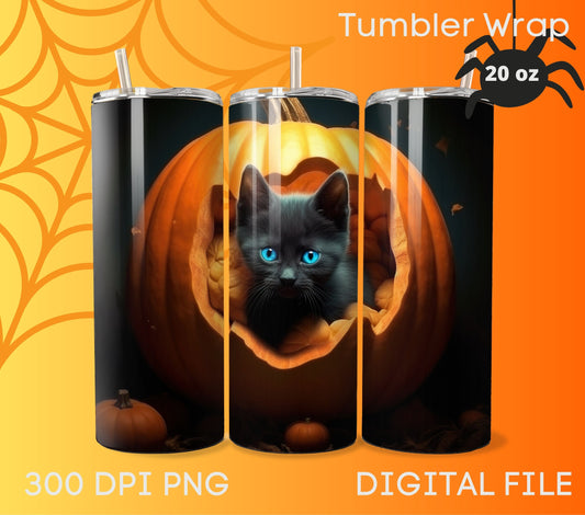 Halloween Pumpkin Tumbler Wrap Sublimation, Black Cat Digital Print Design, Skinny 20 oz Tumbler, 300 DPI PNG Commercial Use