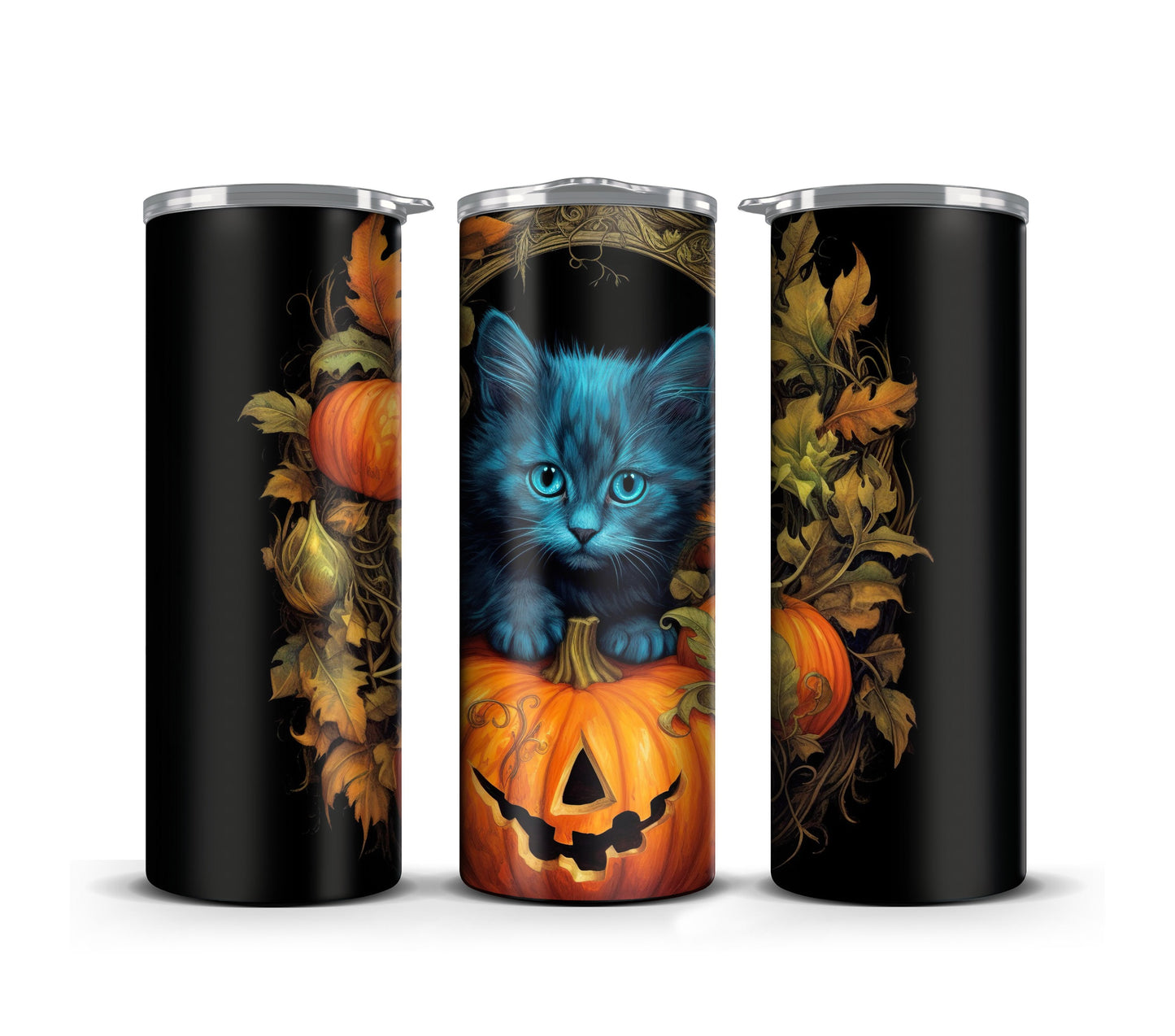 Halloween Pumpkin Tumbler Wrap Sublimation, Black Cat Digital Print Design, Skinny 20 oz Tumbler, 300 DPI PNG Commercial Use