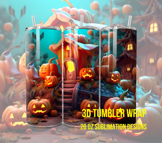 3D Halloween Pumpkin Tumbler Wrap Sublimation, Jack-O-Lantern Halloween Digital Print Design, Halloween Skinny 20 oz Tumbler Wrap