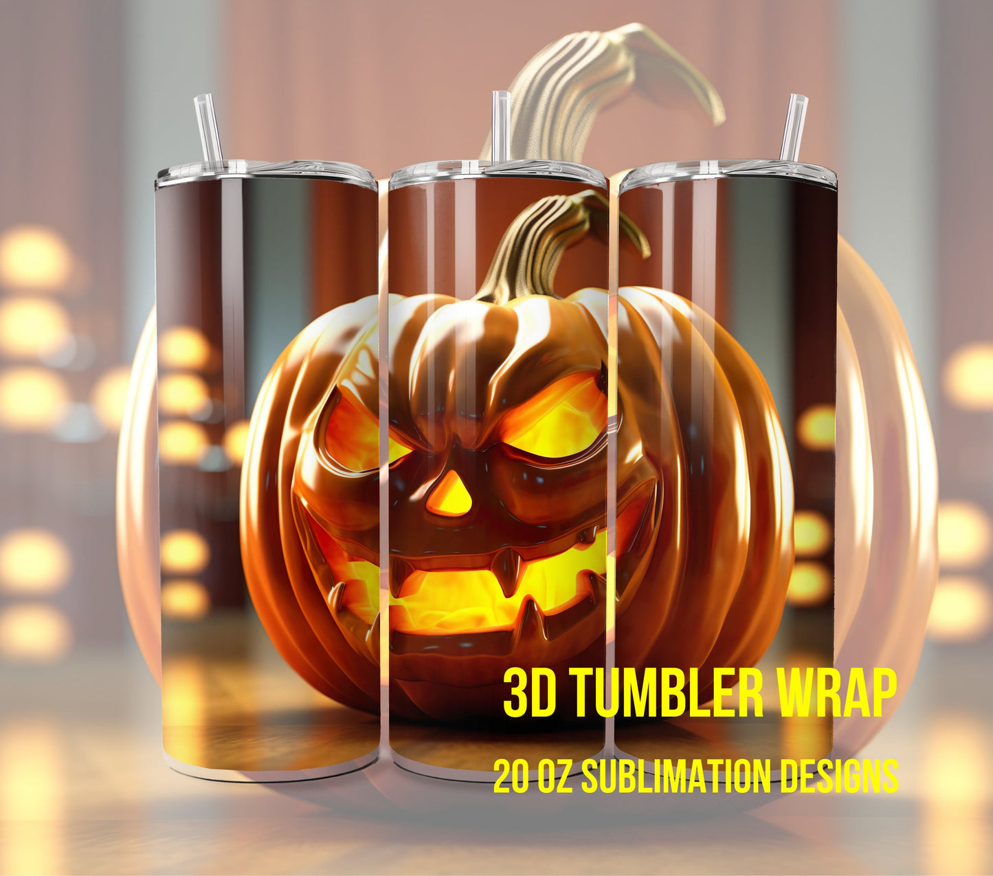 3D Halloween Pumpkin Tumbler Wrap Sublimation, Jack-O-Lantern Halloween Digital Print Design, Halloween Skinny 20 oz Tumbler Wrap