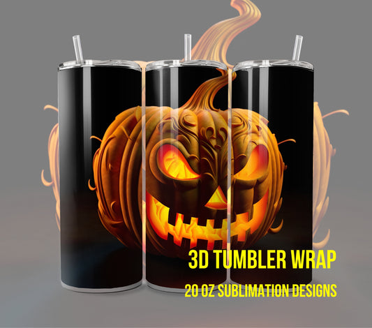 3D Halloween Pumpkin Tumbler Wrap Sublimation, Jack-O-Lantern Halloween Digital Print Design, Halloween Skinny 20 oz Tumbler Wrap