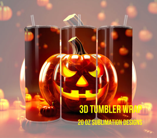 3D Halloween Pumpkin Tumbler Wrap Sublimation, Jack-O-Lantern Halloween Digital Print Design, Halloween Skinny 20 oz Tumbler Wrap